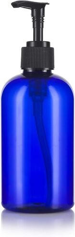 زجاجات JUVITUS Cobalt Blue 8 أونصة بوسطن البلاستيكية المستديرة PET (خالية من BPA) مع مضخة غسول سوداء (12 عبوة) in Saudi Arabia