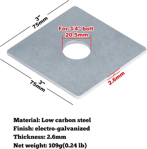 12 قطعة من غسالات الألواح المربعة 3/4 بوصة (ID) × 3 بوصة × 3 بوصة تقبل مسمار 3/4 بوصة، سمك فولاذي مجلفن كهربائيًا 2.6 مم تحمل غسالة مربعة مسطحة in Kuwait