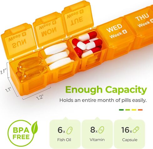 AUVON Monthly Pill Organizer Moistureproof, Large 28 Days Pill Case with Removable 4 Weeks Pill Box Rows, Travel-Friendly Pill Container for Fish Oils, Vitamins, Supplements and Medications in Saudi Arabia