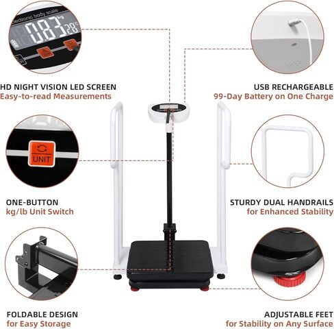 مقياس الوزن بمقابض لكبار السن، مقياس رقمي ذكي 3 في 1 مع قياس الارتفاع، مقياس الارتفاع والوزن لمكتب الطبيب، سعة الوزن 485 رطل/220 كجم، شاشة LED عالية الدقة، قابلة لإعادة الشحن عبر USB in Kuwait