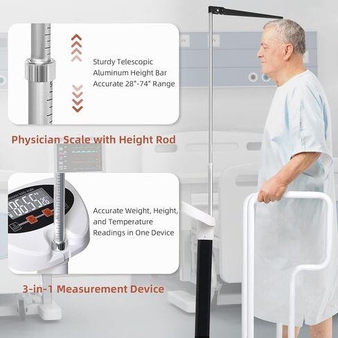 مقياس الوزن بمقابض لكبار السن، مقياس رقمي ذكي 3 في 1 مع قياس الارتفاع، مقياس الارتفاع والوزن لمكتب الطبيب، سعة الوزن 485 رطل/220 كجم، شاشة LED عالية الدقة، قابلة لإعادة الشحن عبر USB in Kuwait