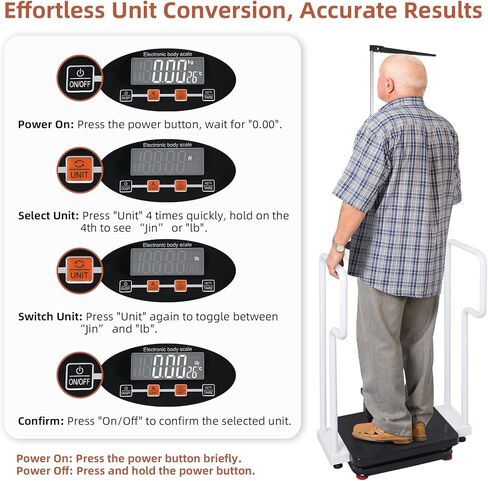 مقياس الوزن بمقابض لكبار السن، مقياس رقمي ذكي 3 في 1 مع قياس الارتفاع، مقياس الارتفاع والوزن لمكتب الطبيب، سعة الوزن 485 رطل/220 كجم، شاشة LED عالية الدقة، قابلة لإعادة الشحن عبر USB in Kuwait