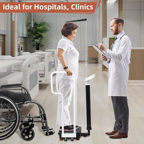 مقياس الوزن بمقابض لكبار السن، مقياس رقمي ذكي 3 في 1 مع قياس الارتفاع، مقياس الارتفاع والوزن لمكتب الطبيب، سعة الوزن 485 رطل/220 كجم، شاشة LED عالية الدقة، قابلة لإعادة الشحن عبر USB in Kuwait