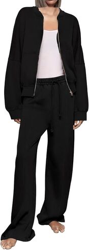 طقم ملابس للسيدات من Bloggerlove مكون من قطعتين وأكمام طويلة مع سحاب وسراويل رياضية واسعة الساق بدلة رياضية مناسبة للخريف in Kuwait