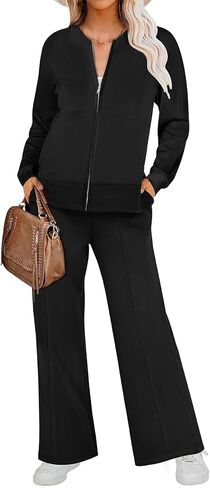 طقم ملابس للسيدات من Bloggerlove مكون من قطعتين وأكمام طويلة مع سحاب وسراويل رياضية واسعة الساق بدلة رياضية مناسبة للخريف in Kuwait