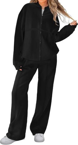 طقم ملابس للسيدات من Bloggerlove مكون من قطعتين وأكمام طويلة مع سحاب وسراويل رياضية واسعة الساق بدلة رياضية مناسبة للخريف in Kuwait