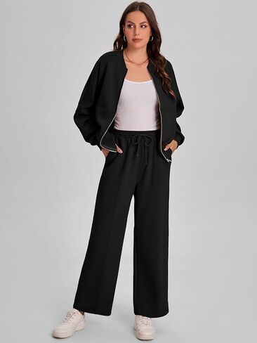 طقم ملابس للسيدات من Bloggerlove مكون من قطعتين وأكمام طويلة مع سحاب وسراويل رياضية واسعة الساق بدلة رياضية مناسبة للخريف in Kuwait