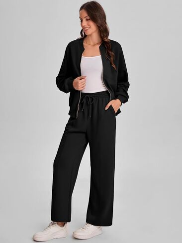 طقم ملابس للسيدات من Bloggerlove مكون من قطعتين وأكمام طويلة مع سحاب وسراويل رياضية واسعة الساق بدلة رياضية مناسبة للخريف in Kuwait