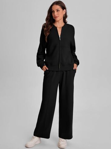 طقم ملابس للسيدات من Bloggerlove مكون من قطعتين وأكمام طويلة مع سحاب وسراويل رياضية واسعة الساق بدلة رياضية مناسبة للخريف in Kuwait