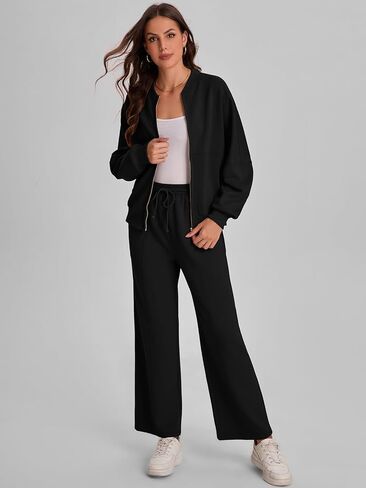 طقم ملابس للسيدات من Bloggerlove مكون من قطعتين وأكمام طويلة مع سحاب وسراويل رياضية واسعة الساق بدلة رياضية مناسبة للخريف in Kuwait