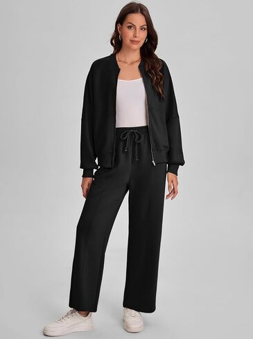 طقم ملابس للسيدات من Bloggerlove مكون من قطعتين وأكمام طويلة مع سحاب وسراويل رياضية واسعة الساق بدلة رياضية مناسبة للخريف in Kuwait