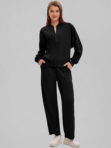 طقم ملابس للسيدات من Bloggerlove مكون من قطعتين وأكمام طويلة مع سحاب وسراويل رياضية واسعة الساق بدلة رياضية مناسبة للخريف in Kuwait