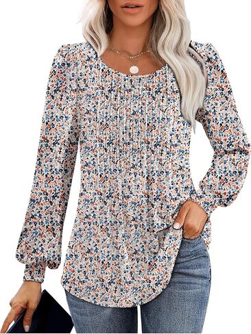 Long Sleeve Shirts For Women Fall Fashion 2024 Womens Tunic Tops Pleated Crew Neck Puff Sleeve Blouses Dressy Casual in Saudi Arabia