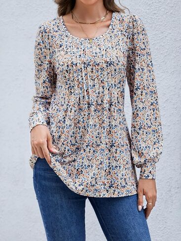 Long Sleeve Shirts For Women Fall Fashion 2024 Womens Tunic Tops Pleated Crew Neck Puff Sleeve Blouses Dressy Casual in Saudi Arabia