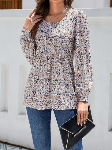 Long Sleeve Shirts For Women Fall Fashion 2024 Womens Tunic Tops Pleated Crew Neck Puff Sleeve Blouses Dressy Casual in Saudi Arabia