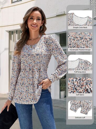 Long Sleeve Shirts For Women Fall Fashion 2024 Womens Tunic Tops Pleated Crew Neck Puff Sleeve Blouses Dressy Casual in Saudi Arabia