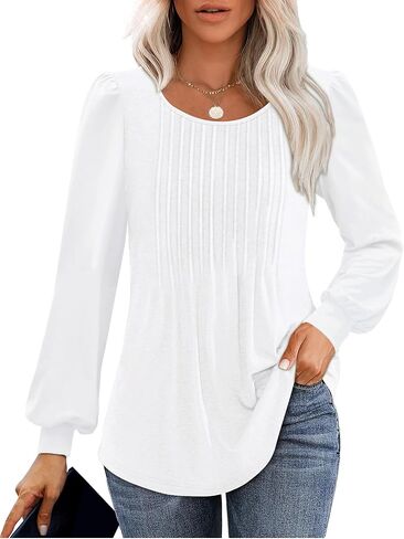 Long Sleeve Shirts For Women Fall Fashion 2024 Womens Tunic Tops Pleated Crew Neck Puff Sleeve Blouses Dressy Casual in Saudi Arabia