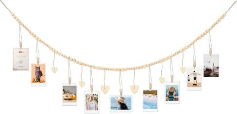 DIVINA VITAE Hanging Photo Display with Clips Wooden Bead Photo Garland 49.2" Boho Style Picture Collage Wall Decor for Wall Picture Postcard Display (9 Clips + 6 Wooden Heart Tags) in Saudi Arabia