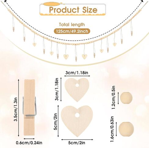 DIVINA VITAE Hanging Photo Display with Clips Wooden Bead Photo Garland 49.2" Boho Style Picture Collage Wall Decor for Wall Picture Postcard Display (9 Clips + 6 Wooden Heart Tags) in Saudi Arabia