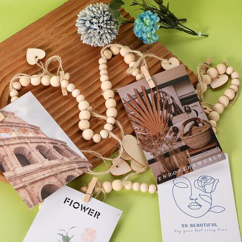 DIVINA VITAE Hanging Photo Display with Clips Wooden Bead Photo Garland 49.2" Boho Style Picture Collage Wall Decor for Wall Picture Postcard Display (9 Clips + 6 Wooden Heart Tags) in Saudi Arabia