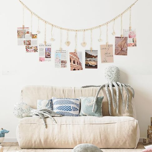 DIVINA VITAE Hanging Photo Display with Clips Wooden Bead Photo Garland 49.2" Boho Style Picture Collage Wall Decor for Wall Picture Postcard Display (9 Clips + 6 Wooden Heart Tags) in Saudi Arabia