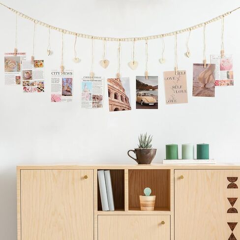 DIVINA VITAE Hanging Photo Display with Clips Wooden Bead Photo Garland 49.2" Boho Style Picture Collage Wall Decor for Wall Picture Postcard Display (9 Clips + 6 Wooden Heart Tags) in Saudi Arabia