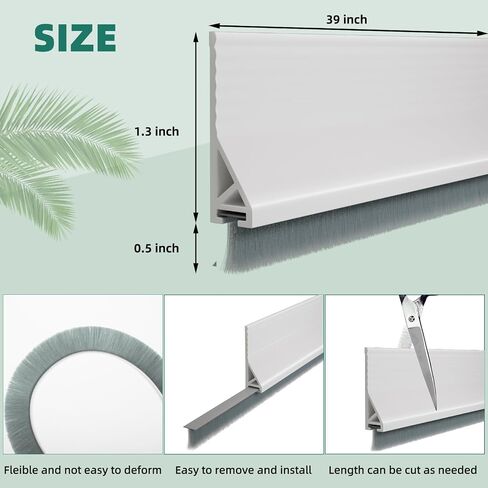 Door Draft Stopper with Brush, 39" Door Sweep for Bottom of Door, Self Adhesive Weather Stripping for Bottom of Door, Under Door Seal Dust/Noise/Hot or Cold Air Insulation, White, 2 Pack in Kuwait