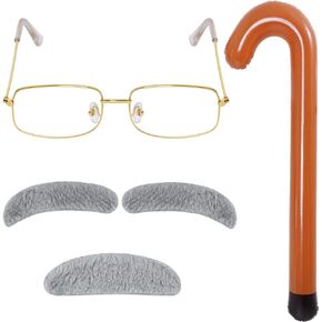 Dxhycc Old Man Costume for 100 Day of School Grandpa Costume Accessories Including Glasses Inflatable Cane Moustache and Eyebrows Set
