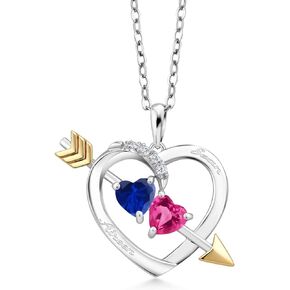 Gem Stone King 925 Silver and 10K Yellow Gold Customized and Personalized Double Heart Shape Gemstone Birthstone and White Lab Grown Diamond Name Engraved Pendant Necklace For Women with 18 Inch Chain