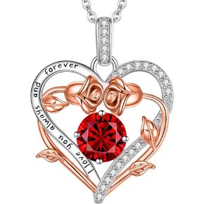 Heart Necklaces for Women, Rose Heart Birthstone Necklace Gift Fine Jewelry 925 Sterling Silver Pendant Necklace Anniversary Birthday Gift for Women Wife Mom Girlfriend