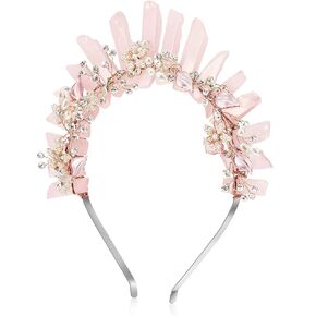 Raw Crystal Quartz Crown Headband Women Pink Crown Flower Crystal Mermaid Tiara Headband Handmade Natural Stone Witch Headpiece for Girls Wedding Party Bride Fairy Costume Hair Accessories