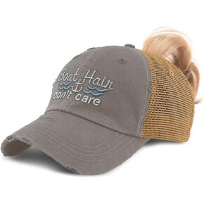 Womens Ponytail Cap Boat Hair Don't Care Style B Yacht Distressed Trucker Caps