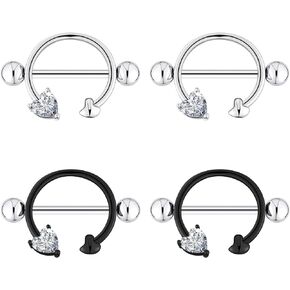 Qmcandy 4pcs Dangle Nipple Rings 14g Nipple Barbell Chain CZ Bat Sun Moon Nipple Halloween Piercing Jewelry for Women