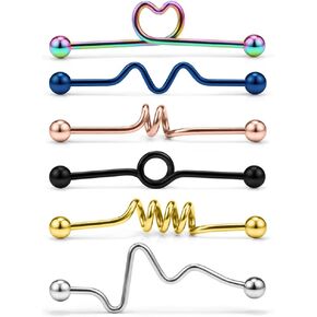 6 قطع من أقراط الحديد الصناعية من Ruifan المصنوعة من الفولاذ المقاوم للصدأ مقاس 14 أقراط غضروفية ثقب الجسم 1 1/2 بوصة (38 مم) - مستقيم، ملفوف، مموج، ملتوي، حلزوني، قلب in Kuwait