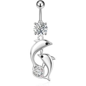 14G Dolphin Belly Button Ring for Women Girls Stainless Steel Fashionable Cubic Zircon Curved Barbell Dangle Belly Navel Studs Body Piercing Jewelry