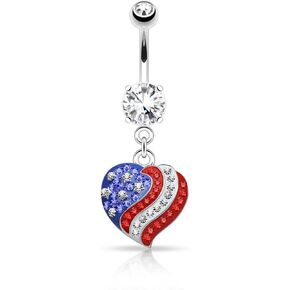 Forbidden Body Jewelry American Flag Heart Pave CZ Crystal Dangle Belly Button Ring