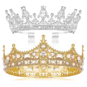 Juexica 2 Pieces King Crowns for Men Tiara and Crown for Women Baroque Vintage Headband for Halloween Prom Party(Silver)