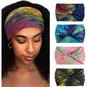 Aceorna Wide Headbands Stretch Turban Knotted Hairbands Elastic Yoga Workout Sweatband Running Sport Head Scarf Large African Head Wraps for Women 4 Pcs