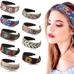 9 Pack Boho Headband Embroidery Headband for Women Bohemia Handmade Wide Headbands Vintage Ethnic Style Hair Bands Hair Turban Floral Embroidered Headband for Girls Hair Accessories, 9 Styles