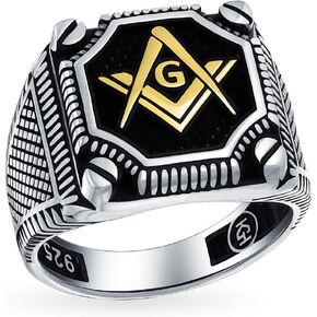 Mens Large Solid Tri Tone Black Inlay Style Compass Freemason Masonic Signet Ring For Men Oxidized Gold- Tone .925 Silver Made In Turkey