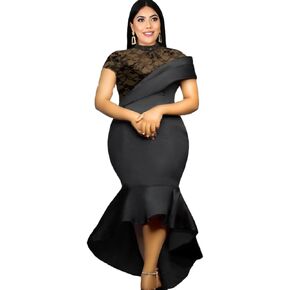 فساتين نسائية بمقاسات كبيرة فساتين رسمية وفساتين سهرة بأكمام قصيرة من الدانتيل باللون الأسود وكشكشة عالية الخصر in Kuwait