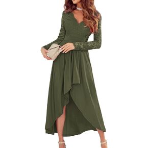 Diukia Womens Sexy V Neck Lace Long Sleeve High Low Cocktail Party Evening Dress