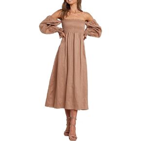 R.Vivimos Summer Dress for Women Long Sleeve Casual Plaid Print Smocked Off Shoulder A-Line Midi Dress