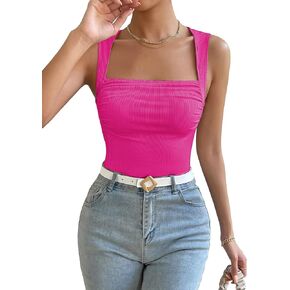 SweatyRocks Women's Sleeveless Square Neck Tank Top Casual Ribbed Knit Slim Fit Ruched Tops
