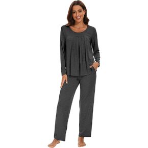 WiWi Viscose Pajamas Sets for Women Scoop Neck Pleated Front Sleepwear Long Sleeve Loungewear Set S-XXL