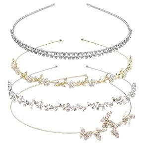 Yxiang 4 Pack Rhinestones Headbands Crystal Bridal Hairbands Thin Silver Metal Hair Band Fancy Metallic Butterfly Head Band Wedding Headpiece for Women Girls