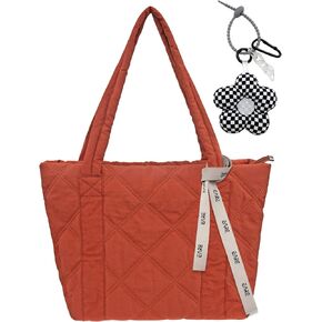 Puffer Quilted Tote Bag for Women Puffy Padded Purse with Zipper Work School Nylon Soft Purse