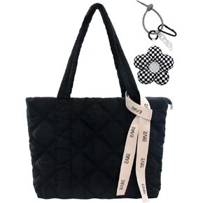 Puffer Quilted Tote Bag for Women Puffy Padded Purse with Zipper Work School Nylon Soft Purse