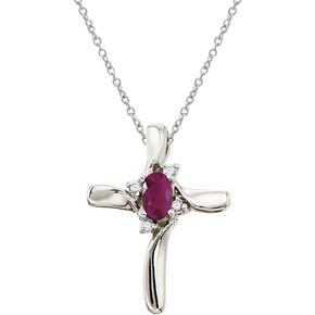 10k White Gold Ruby and Diamond Cross Pendant with 18" Chain
