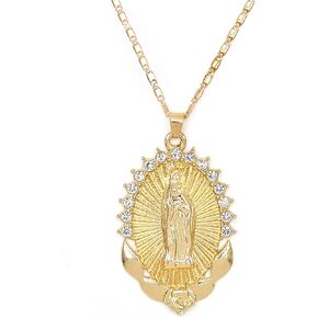 18K Gold Plated Virgin Mary Pendant Necklace Crystal Rhinestone Encircled Miraculous Medal Pendant Necklace For Women